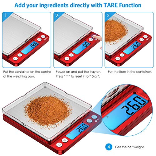 Digital Kitchen Scale, 3000g Pocket Cooking Scale with 0.1g Accuracy, Mini Food Scale, Pro Electronic Jewelry Scale with Back-Lit LCD Display, Tare & PCS Functions (Red, Batteries Included) - color: Red