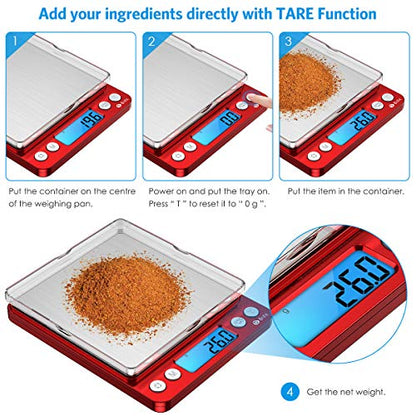 Digital Kitchen Scale, 3000g Pocket Cooking Scale with 0.1g Accuracy, Mini Food Scale, Pro Electronic Jewelry Scale with Back-Lit LCD Display, Tare & PCS Functions (Red, Batteries Included) - color: Red