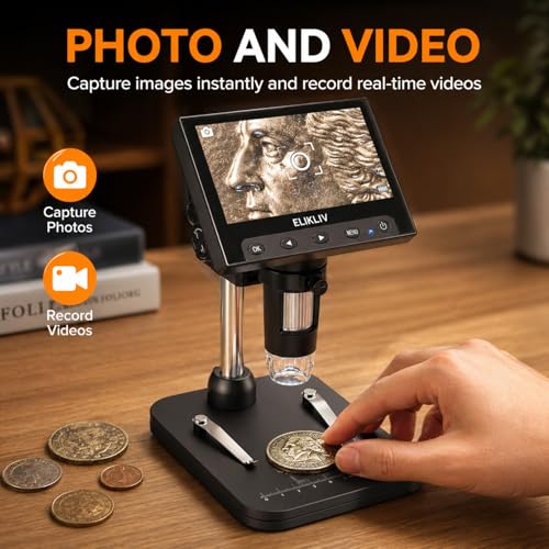 Elikliv Coin Microscope, 4.3'' LCD Digital Microscope 1000x, Coin Magnifier with 8 Adjustable LED Lights, PC View Compatible with Windows/Mac, EDM4B, Black - color: Black