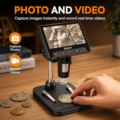 Elikliv Coin Microscope, 4.3'' LCD Digital Microscope 1000x, Coin Magnifier with 8 Adjustable LED Lights, PC View Compatible with Windows/Mac, EDM4B, Black - color: Black