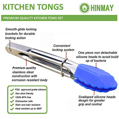 HINMAY Small Tongs with Silicone Tips 7-Inch Serving Tongs, Set of 3 (Blue) - color: Blue