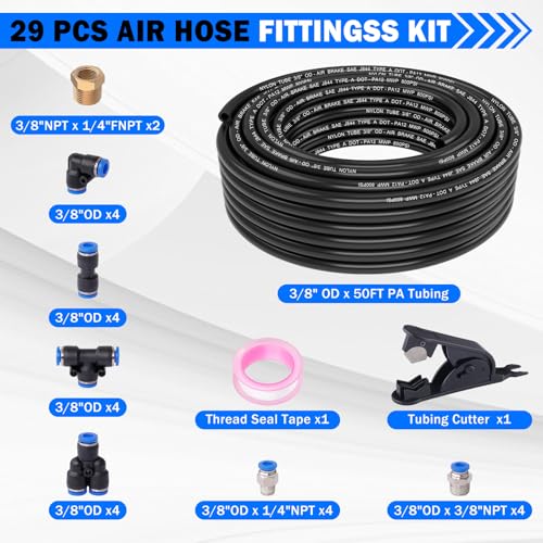 Air Line Tubing Kit, 3/8" OD DOT Air Line 50 FT(15 m) SAE j844 PA Nylon Air Hose Tubing and Push to Connect Fittings for Air Brake System Or Fluid Transfer, 29 Pcs Compressed Accessories Kit - size: 29PCS & 50FT 3/8" Air Line