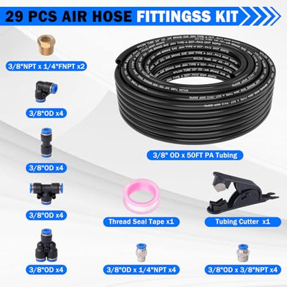 Air Line Tubing Kit, 3/8" OD DOT Air Line 50 FT(15 m) SAE j844 PA Nylon Air Hose Tubing and Push to Connect Fittings for Air Brake System Or Fluid Transfer, 29 Pcs Compressed Accessories Kit - size: 29PCS & 50FT 3/8" Air Line