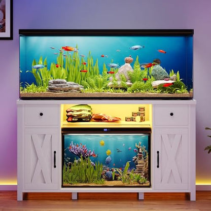 4ever2buy 55-75 Gallon Fish Tank Stand, Aquarium Stand with Storage, White | 52 x 20 In Top, Farmhouse Turtle Tank Stand, 2 Drawers & 2 Barn Doors, LED Light, Power Outlets, Shelf Storage, Heavy Duty - color: White