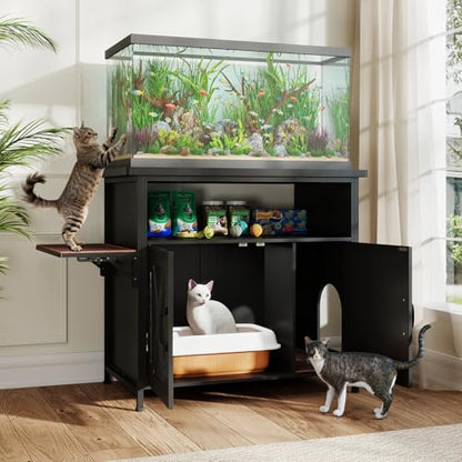 Verano Garden 40-50 Gallon Fish Tank Stand, Aquarium Stand, White | Cat Litter Box Enclosure, Storage Shelf, Cat Perch, Removable Divider, Scratch Mat, 36.2"x20.5" Tabletop, 660 LBS Capacity - color: Black