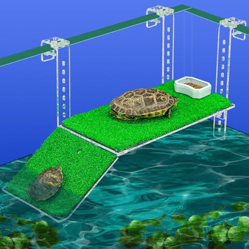 Adjustable Hanging Acrylic Turtle Basking Platform with Ramp 13x6.9 | Anti-slip grass dock for safe basking; adjustable clips fit most rims. Sturdy acrylic ramp, easy setup. Clear view - size: 13x6.9 Inch