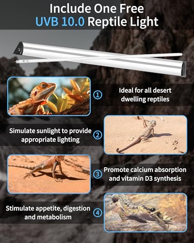 LUCKY HERP T5 Reptile Light Fixture Combo Kit 54W (New Upgrade), UVB Reptile Light Fixture with Desert UVB 10.0 46" Fluorescent Tube, UVA UVB Reptile Light for Lizard, Bearded Dragon, Tortoise - size: 46 Inch