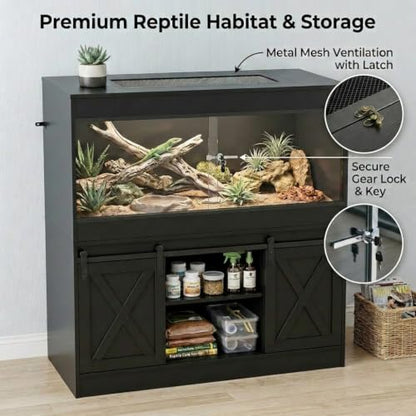Cushore Double 4x2x2 Reptile Enclosure with Stand, Albizia Solid Wood-Core 120 Gallon Reptile Terrarium, Bearded Dragon Tank Stand with Sliding Door and 2 Cabinets for Lizard, Crested Gecko, Black