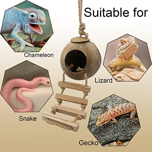Crested Gecko Coconut Hut with Ladder,Bearded Dragon Coco Den Reptile Shell Hideout Husk Hut Climbing Plants Leaves Tank Accessories for Lizard Chameleon Snakes