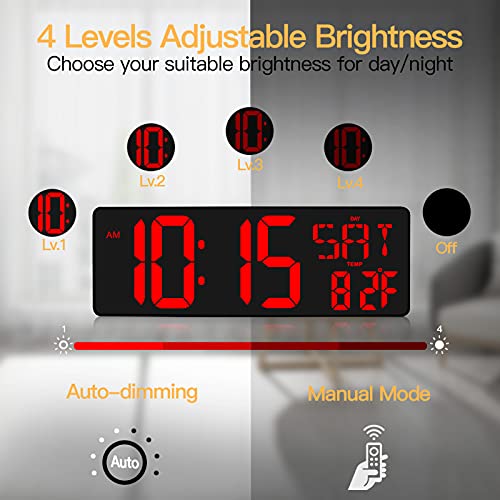 XREXS 17.2 Inch Large Digital Wall Clock with Remote Control | LED Large Display Count Up & Down Timer, Adjustable Brightness Plug-in Alarm Clock with Temperature for Home, Office, Gym - color: Red
