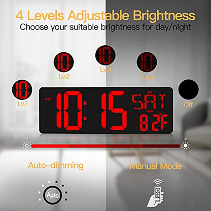 XREXS 17.2 Inch Large Digital Wall Clock with Remote Control | LED Large Display Count Up & Down Timer, Adjustable Brightness Plug-in Alarm Clock with Temperature for Home, Office, Gym - color: Red