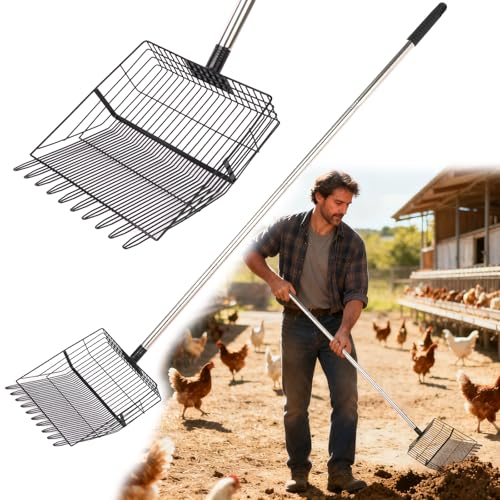 Reptilux Chicken Poop Scooper Adjustable Long Handle - Stainless Steel Sifter Shovel for Sand & Hemp Bedding - Metal Coop Scoop Rake - Chicken Accessories for Poultry, Dog & Cat Litter