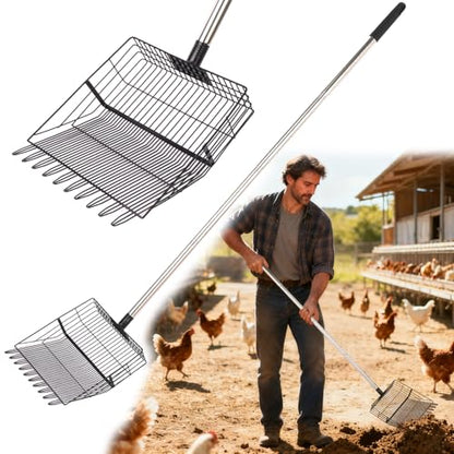 Reptilux Chicken Poop Scooper Adjustable Long Handle - Stainless Steel Sifter Shovel for Sand & Hemp Bedding - Metal Coop Scoop Rake - Chicken Accessories for Poultry, Dog & Cat Litter