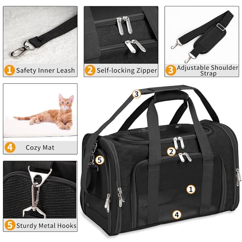 Soft-Sided Cat/Dog/Pet Carrier, Collapsible Pets Travel Carriers | for Big Cats/Small Dogs with Shoulder Strap & Removable Mat, Mesh Puppy Carry Bag, Up to 16 Lbs, TSA Airline Approved(Black) - color: BLACK, size: 17"L x 11"W x 11"H