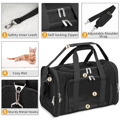 Soft-Sided Cat/Dog/Pet Carrier, Collapsible Pets Travel Carriers | for Big Cats/Small Dogs with Shoulder Strap & Removable Mat, Mesh Puppy Carry Bag, Up to 16 Lbs, TSA Airline Approved(Black) - color: BLACK, size: 17"L x 11"W x 11"H