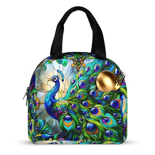 Stained Glass Green Peacocks Lunch Bag for Women Men | Insulated Lunch Box Leakproof Food Meal Containers Reusable Foldable 6L Capacity Lunch Tote Bags for Work Picnic Travel - color: style-14