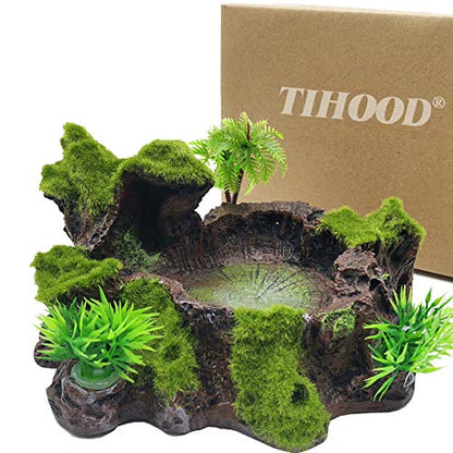 TIHOOD Plastic Reptile Tank Decor - Resin Reptile Platform with Artificial Tree Trunk Design - Food Dish Bowl for Lizards, Geckos, Frogs & More