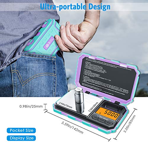 (Upgradaed) AMIR Digital Mini Scale, 200g /0.01g Pocket Scale, 50g Calibration Weight, Electronic Smart Scale, 6 Units, LCD Backlit Display, Tare, Auto Off, Stainless Steel (Battery Included) - color: Mint Green