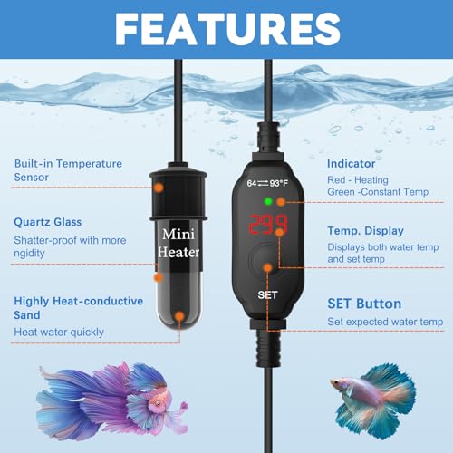 Small Aquarium Heater,Submersible Adjustable Mini Fish Tank Heater 10W,Betta Heater with External Temperature Controller,LED Temperature Display, Used for 1-2 Gallon