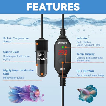 Small Aquarium Heater,Submersible Adjustable Mini Fish Tank Heater 10W,Betta Heater with External Temperature Controller,LED Temperature Display, Used for 1-2 Gallon