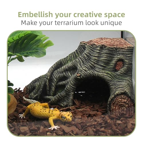 Reptile Hideouts Cave Habitat Decor, Hollow Tree Climing Ramp Basking Platform for Reptiles, Amphibians, Fish Tanks and Leopard Gecko, Snake, Lizard