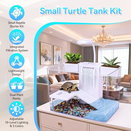 Small Turtle Tank Kit, Acrylic Turtle Starter Kit with Adjustable Lamp & Filter, Plastic Aquarium, for Turtles Crabs Crayfish Small Reptiles (with Light)