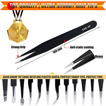 Antonki 12-in-1 Precision Metal Tweezers Set with Leather Case | High Quality, 1.5mm Thick, Strong Hardness, Rustproof, Anti-Static, Tips Cover, Complete Set, Portable Design - color: Precision Tweezers 12 Pack W/ Case - Black