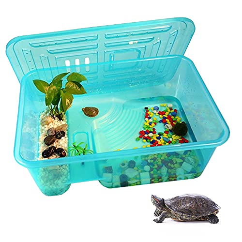 kathson Turtle Tank Aquarium, Turtle Habitat Reptile Plastic Terrarium Safe Durable, Tortoise Tank with Lid Prevent Climbing Escaping (Medium) - size: Medium - 16.9x11.8x6.3 Inch