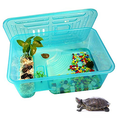 kathson Turtle Tank Aquarium, Turtle Habitat Reptile Plastic Terrarium Safe Durable, Tortoise Tank with Lid Prevent Climbing Escaping (Medium) - size: Medium - 16.9x11.8x6.3 Inch