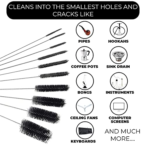 10" Extra Long Tube Brush Set - Large 5 Pack - Black | Flexible nylon straw brushes for bottles, cleaning straws, pipe cleaners, glass, keyboard, detailing and deep cleaning - color: Black, size: Large 5 Pack (8mm 12mm 16mm 20mm 24 mm)