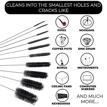 10" Extra Long Tube Brush Set - Large 5 Pack - Black | Flexible nylon straw brushes for bottles, cleaning straws, pipe cleaners, glass, keyboard, detailing and deep cleaning - color: Black, size: Large 5 Pack (8mm 12mm 16mm 20mm 24 mm)