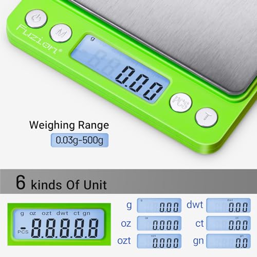 Fuzion Digital Scale .01 Gram Accuracy, 500g Small Kitchen Food Scales | 2 Trays Included for Jewelry, Gold, Herb, Powder, Spice, Coffee, Coin - Weight Gram and Oz - color: Green
