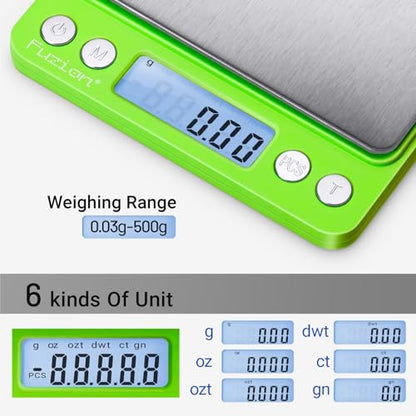 Fuzion Digital Scale .01 Gram Accuracy, 500g Small Kitchen Food Scales | 2 Trays Included for Jewelry, Gold, Herb, Powder, Spice, Coffee, Coin - Weight Gram and Oz - color: Green
