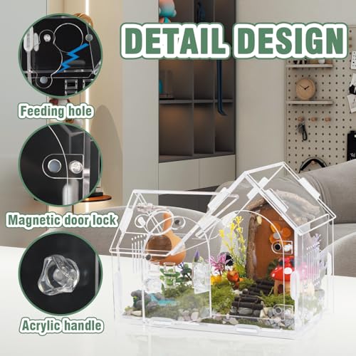 Acrylic Jumping Spider Enclosure House-Shaped Terrarium | Magnetic front door lock, top sliding feeding port, 1mm ventilation holes, scratch-resistant clear acrylic - color: transparent