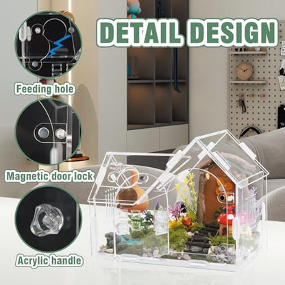 Acrylic Jumping Spider Enclosure House-Shaped Terrarium | Magnetic front door lock, top sliding feeding port, 1mm ventilation holes, scratch-resistant clear acrylic - color: transparent