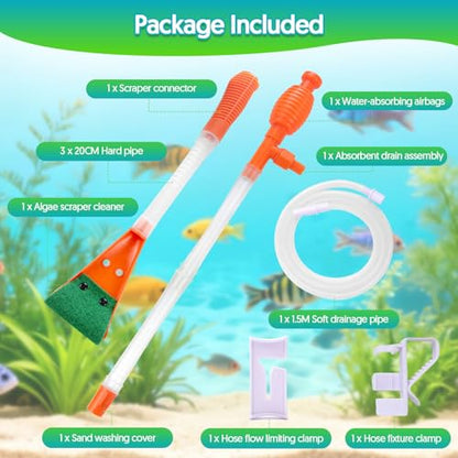 Fish Tank Cleaner Gravel Vacuum for Aquarium | Aquarium Siphon, Water Changer, Double Sided Sponge Brush Algae Scraper, Fish Tank Cleaning Kit, Gravel & Sand Cleaning - color: Orange