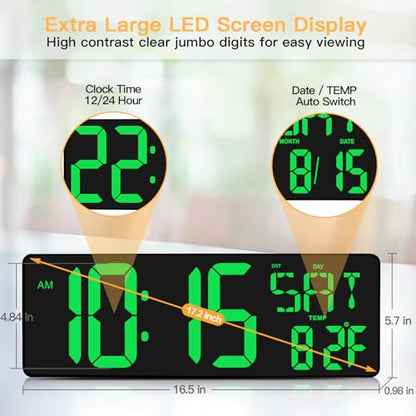 XREXS Large Digital Wall Clock with Remote Control, 16.5 Inch LED Display, Count Up & Down Timer, Adjustable Brightness, Plug-in Alarm Clock with Day/Date/Temperature for Home, Gym, Classroom | LED Large Display Count Up & Down Timer, Adjustable Brightnes