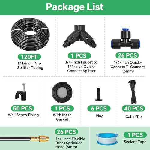 120Ft 1/4" Drip Irrigation System for Garden – 26 Adjustable Copper Nozzles, Automatic Atomizing Sprinkler System for Outdoor Plants Raised Bed, Yard, Potted Plants & Lawn - size: 120FT 1/4'' Main tube