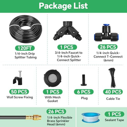 120Ft 1/4" Drip Irrigation System for Garden – 26 Adjustable Copper Nozzles, Automatic Atomizing Sprinkler System for Outdoor Plants Raised Bed, Yard, Potted Plants & Lawn - size: 120FT 1/4'' Main tube