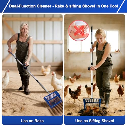 Chicken Poop Scooper & Rake, Stainless Steel Shovel Head Chicken Coop Scoop with Reuseable Yard Waste Bags, Adjustable Stainless Steel Handle 28"-68", Chicken Scooper for Chicken Coop Cleaning Tool