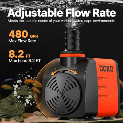 DOKO 480GPH Submersible Water Fountain Pump for Pond, Aquarium, Hydroponic | 1800L/H 35W Ultra Quiet Water Pump with 8.2ft Lift Height, 6FT Power Cord and 3 Nozzles for Fish Tank & Statuary - size: 35W 480GPH