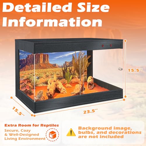ROYXEN Reptile Tank, 30 Gallons Reptile Enclosure with Lockable Design, Tempered Glass Bearded Dragon Tank for Lizard Habitat, Soild Wood Built-in Sockets (Black, 24"x16"x15.5") - color: Black, size: 24"x16"x15.5"