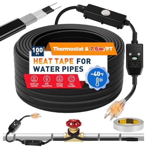 3~100FT Heat Tape for Water Pipes, UL & ETL Certified 60 FT Self-Regulating Pipe Heating Cable with Thermostat for Pipe Freeze Protection, Waterproof Heat Tape for Metal and Plastic Pipes,Black(1pcs) - color: Black, style: 60 FT
