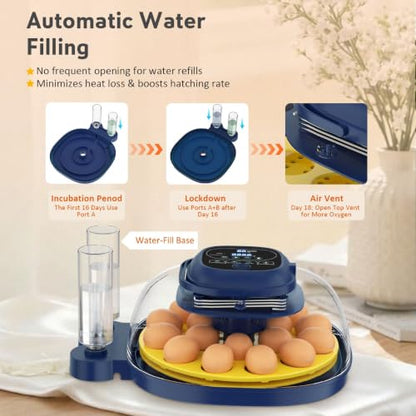 18 Egg Incubator for Hatching Eggs with Automatic Turning, Digital Temperature & Humidity Control, Built-in Egg Candler & Auto Water Refill, 360° Clear View for Chicken