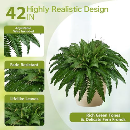 42In Artificial Boston Ferns Bush, Set of 2 Large Faux Ferns Plants, 79 Branches Fake Ferns for Home Living Room Decor, Indoor and Outdoor. - size: 2 PCS-42"