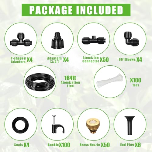 Yaocom 164 ft Misting Cooling System Misters for Outside Patio Backyard Mist Hose Kit for Garden 50 Brass Mister System 4 PE Antioxidant Adapters 3/4" for Garden Greenhouse Trampoline for Waterpark