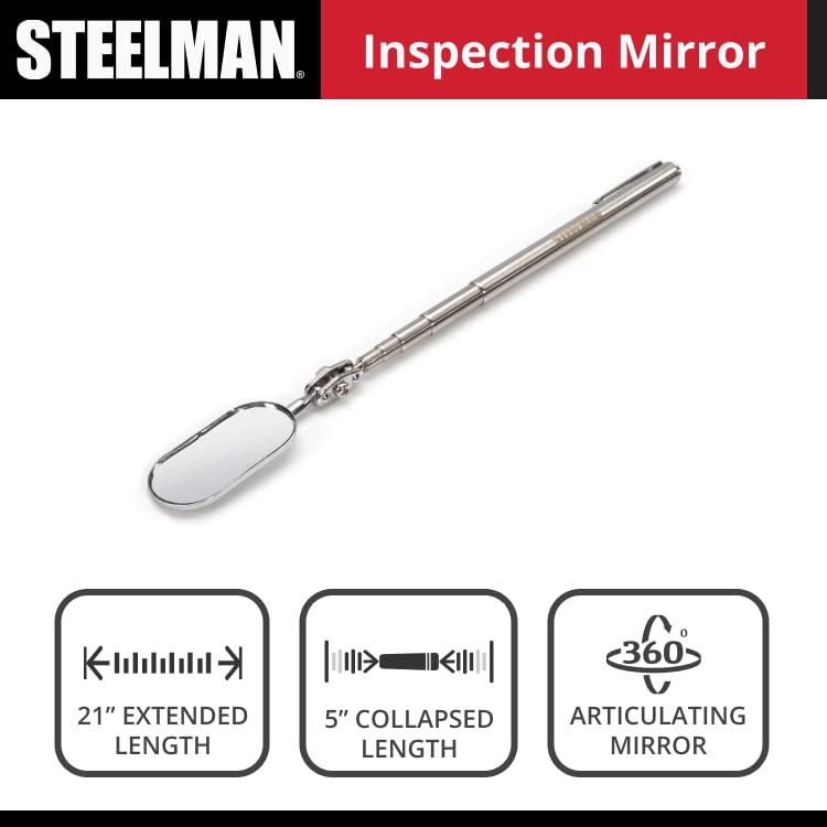 Steelman 21-Inch Telescoping Auto Inspection Mirror, Articulating 1 x 2-Inch Rounded Rectangular Mirror, Pocket Clip, Plated Brass - size: 21 inches
