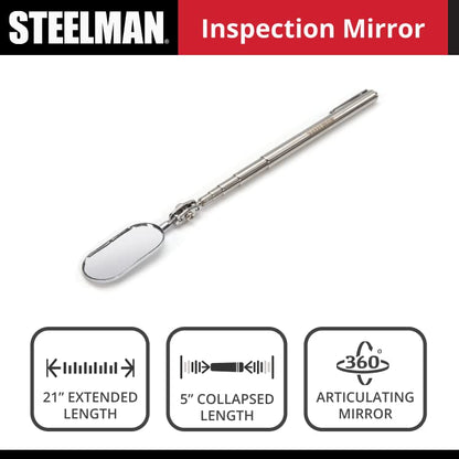 Steelman 21-Inch Telescoping Auto Inspection Mirror, Articulating 1 x 2-Inch Rounded Rectangular Mirror, Pocket Clip, Plated Brass - size: 21 inches