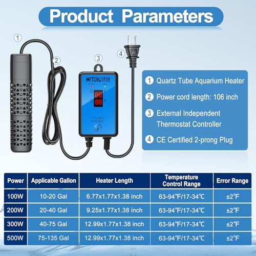 HiTauing Aquarium Heater, Upgraded 100W Fish Tank Heater with Intelligent Leaving Water Automatically Stop Heating and Advanced Temperature Control System, Suitable for Saltwater and Freshwater - size: 100W for 10-20 Gallon