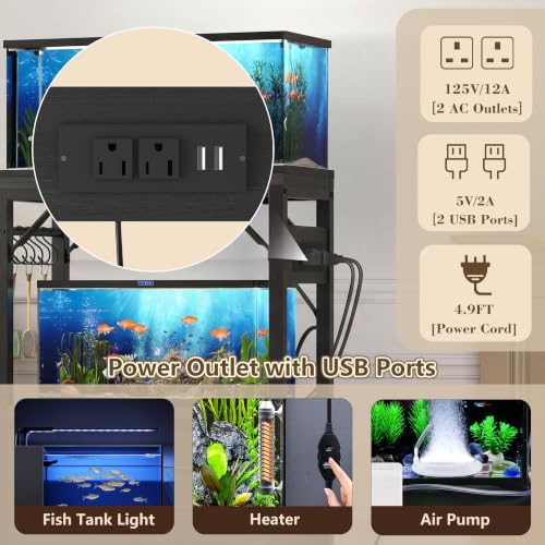 Heybly 5-10Gal Fish Tank Stand with Drawer, Power Outlet,200lbs HAS002SBK-1 | Aquarium Stand,Heavy Duty Metal Frame for Fish Tank, Turtle & Reptile Terrarium, 20.5" × 10.2" Top, Black - color: Black, size: 5-10 gal